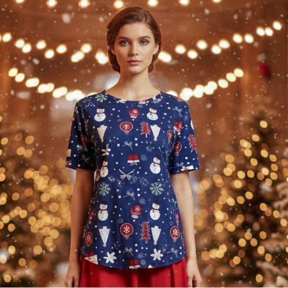Liz & Lilli Women's Medium Blue Christmas Snowman Print Short Sleeve Top NWT